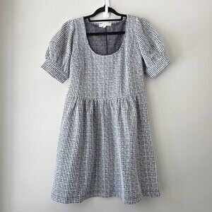 LOFT Houndstooth Puff Sleeve Baby Doll Dress | Petite S | Black White Scoop Neck